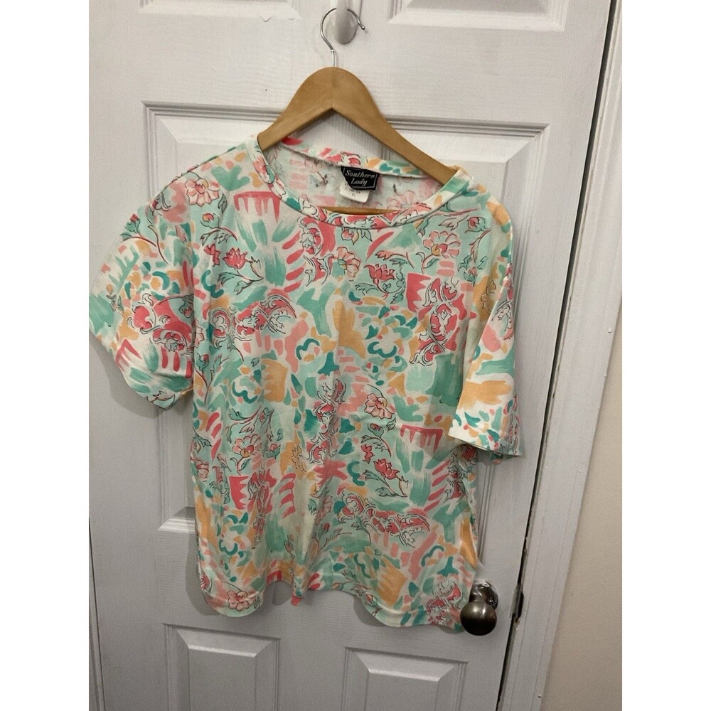 Vintage Southern Lady 1x Floral Short Sleeve Top Made in USA Polyester 0492